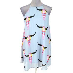Show Me Your Mumu Top Womens Small Light Blue Cami Blouse Novelty Bull Heads